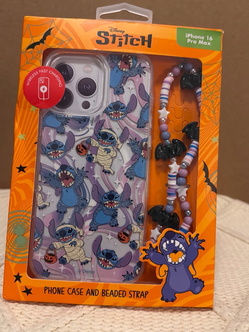 Disney Stitch Halloween iPhone Case with Purple and Blue Beaded Strap
